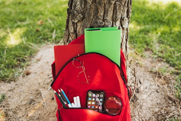 A backpack with a water bottle, a map, a small first-aid kit, and a snack peeking out.