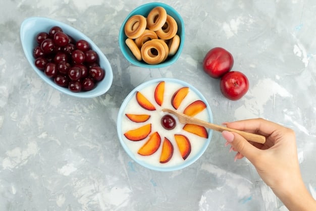 A close-up shot of a person's hand reaching for a healthy snack, like a handful of almonds or a sliced apple, on a wooden table in a cozy kitchen setting.