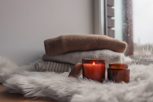 A cozy living room scene with soft lighting, a comfortable couch with plush blankets, and a lit aromatherapy diffuser emitting a gentle mist.