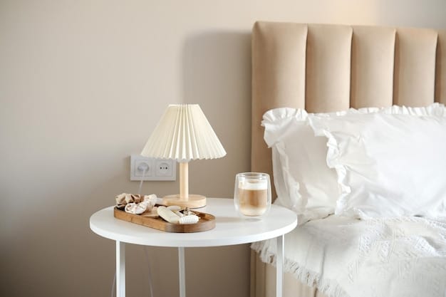A bedroom with soft, neutral-colored bedding, gentle lighting from a bedside lamp, and a few carefully chosen decorative items, conveying a sense of peace and tranquility.