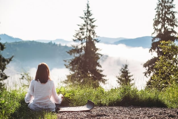 A person meditating outdoors on a clear Sunday morning, surrounded by nature, emphasizing mindfulness and connecting with inner peace.