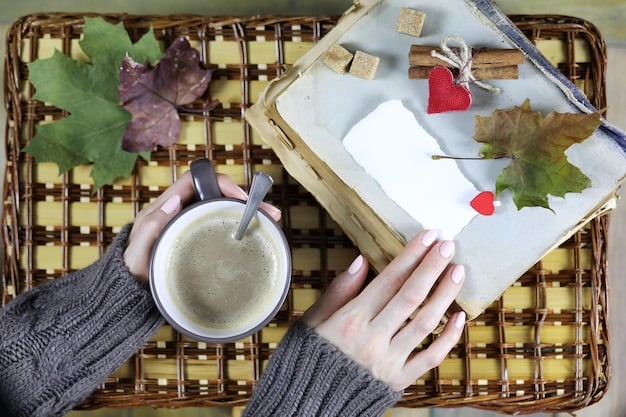 A person writing affirmations in a journal with a pen, surrounded by self-care items like candles, plants, and a cup of tea. The scene is peaceful and calming.