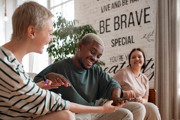 A group of diverse people smiling and supporting each other, possibly in a support group or workshop setting. The atmosphere is inclusive and encouraging.