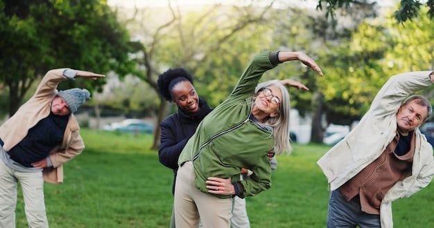 A diverse group of people happily engaging in various physical activities, such as yoga, running, and dancing, in a park setting. The atmosphere is joyful and inclusive.