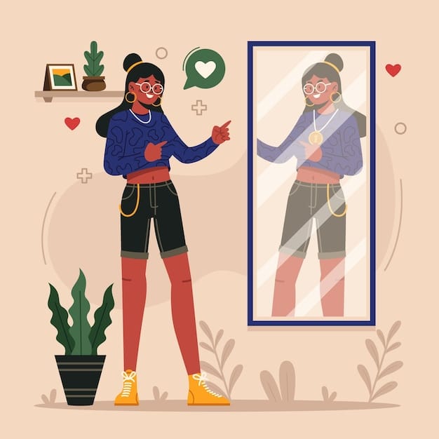 A person standing in front of a mirror, smiling and accepting their reflection. The room is brightly lit and decorated with positive affirmations and body-positive artwork.