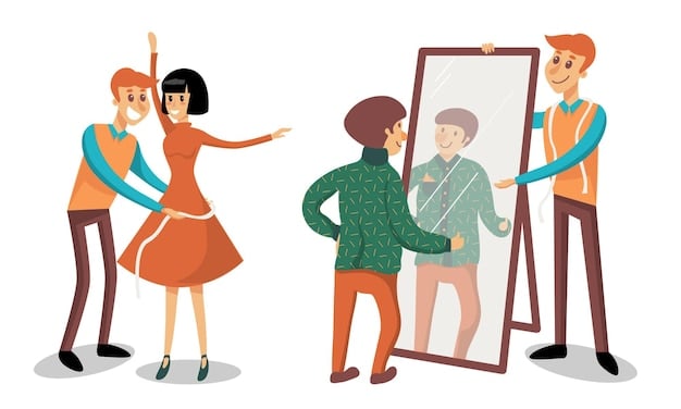 A person looking at themselves in a mirror with a mix of emotions, including self-doubt and moments of self-acceptance. The reflection is slightly distorted, symbolizing the subjective nature of body image.