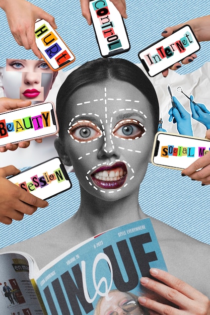 A collage showing various types of social media posts that can act as body image triggers: heavily filtered selfies, fitness ads with unrealistic bodies, and comparison-based posts.