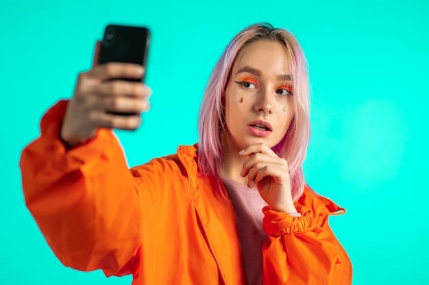 A person holding a smartphone, scrolling through social media feed with images of highly edited and airbrushed models. The person's face slightly reflects a sense of dissatisfaction or questioning.