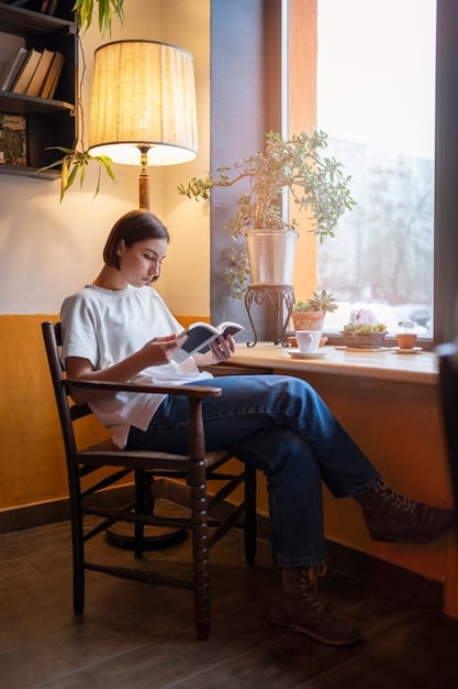 A person sitting in a calm and comfortable space, writing in a journal with a pen. The journal is open to a page discussing self-compassion and positive affirmations. Soft, natural light fills the room.