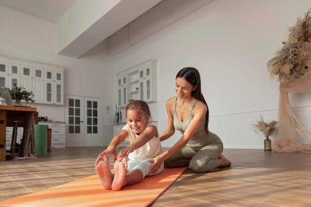 A mother doing gentle yoga poses at home with her baby nearby. The scene is warm and inviting, emphasizing the importance of self-care and health.