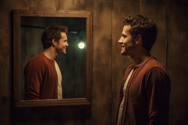 A man standing in front of a mirror, looking at his reflection with a thoughtful, neutral expression. The lighting is soft and diffused, without strong shadows. He is wearing a plain t-shirt, and the environment is a minimalist, modern bathroom. The focus is on his expression and the interaction with his own image.