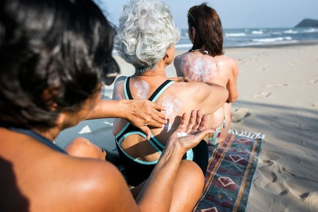 A diverse group of people of varying ages and skin tones applying different types of sunscreen (cream, spray, stick) on a sunny day, showcasing inclusive and consistent daily use.