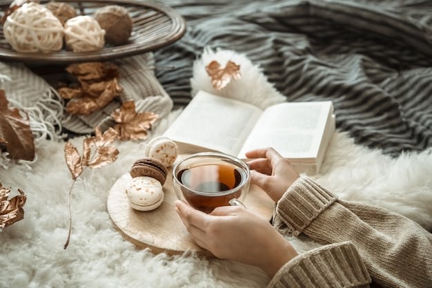 A person journaling in a cozy, sunlit space with a cup of tea nearby, perhaps a soft blanket visible. The atmosphere is calm and inviting, suggesting introspection and self-care.