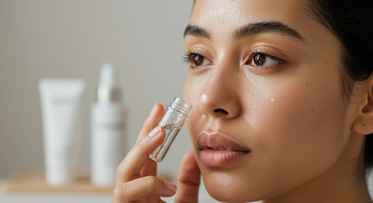 Woman applying skincare product for a radiant 'clean girl' complexion.
