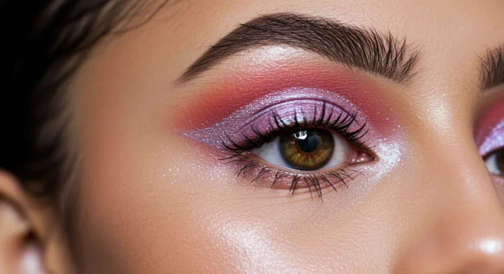 Model with vibrant iridescent graphic eye makeup, trending Spring 2026