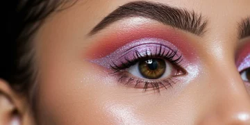 Model with vibrant iridescent graphic eye makeup, trending Spring 2026