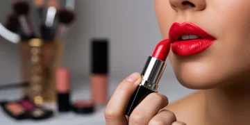 Woman applying red lipstick for long-lasting lip perfection