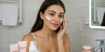Woman applying affordable moisturizer to glowing skin, surrounded by budget-friendly skincare products