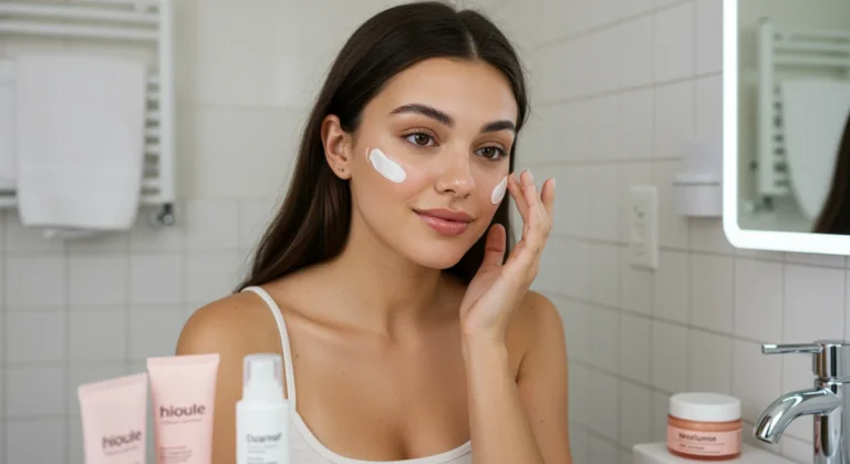 Woman applying affordable moisturizer to glowing skin, surrounded by budget-friendly skincare products