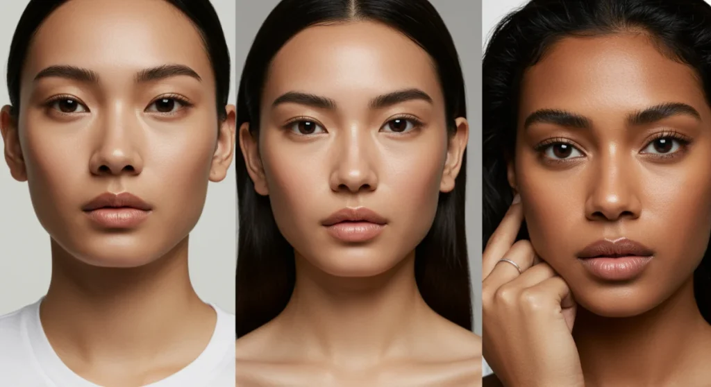 Diverse women with expertly contoured and highlighted faces, illustrating updated makeup techniques for 2026.
