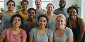 Diverse group happily participating in body positivity challenge, smiling and confident.