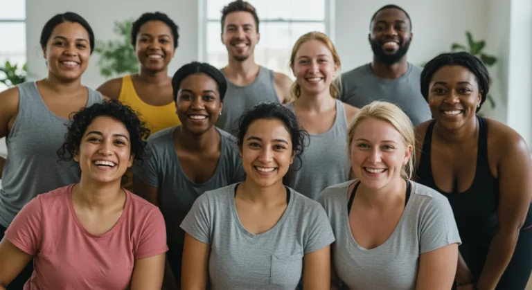 Diverse group happily participating in body positivity challenge, smiling and confident.