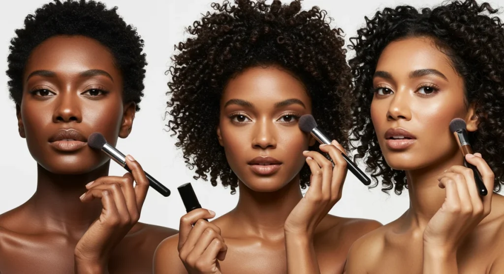 Diverse women applying makeup, showcasing harmonious color choices for different skin tones.