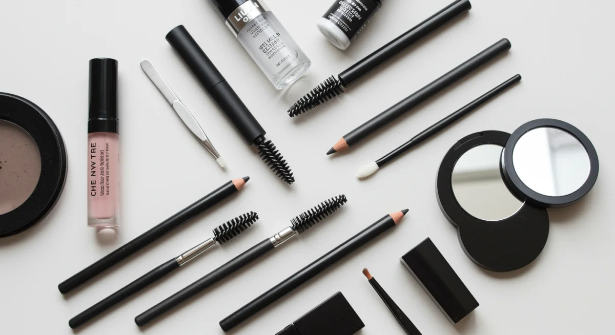 Assortment of eyebrow grooming tools and makeup products laid out on a clean surface.
