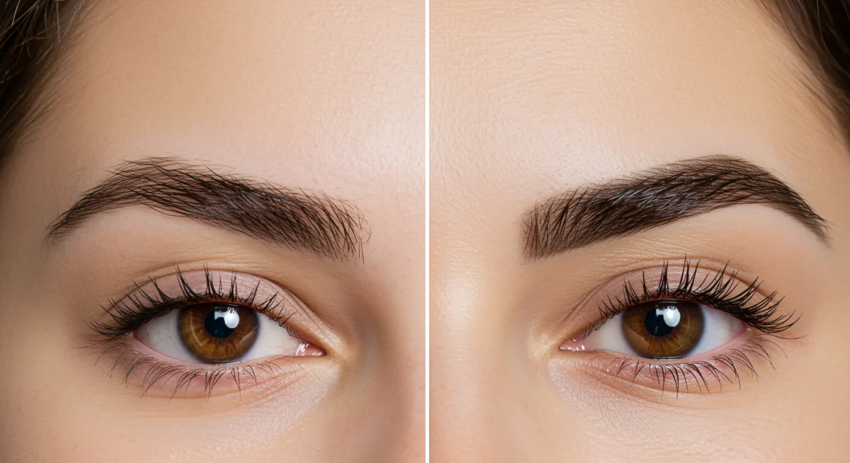 Before and after comparison of eyebrow transformation through grooming and styling.