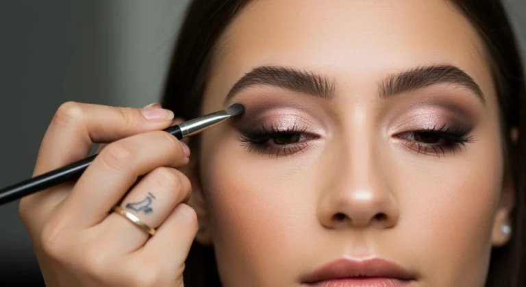 Makeup artist applying dark eyeshadow to transition a day look to night, highlighting skill.