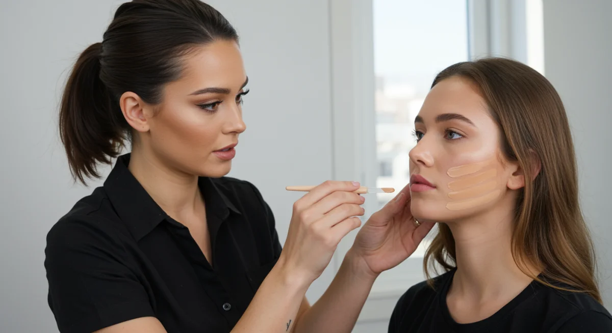Makeup artist swatching foundation on jawline for perfect shade matching.