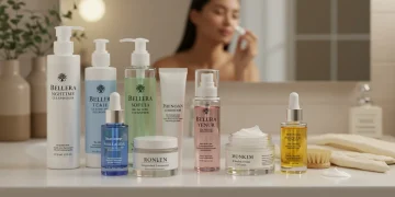 Six essential nighttime skincare products on a vanity with a woman applying serum