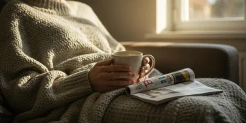 Person enjoying a peaceful self-care Sunday with a warm drink and book