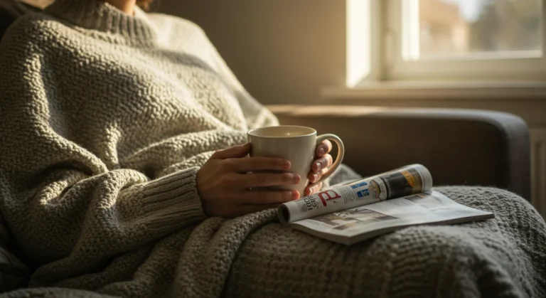 Person enjoying a peaceful self-care Sunday with a warm drink and book