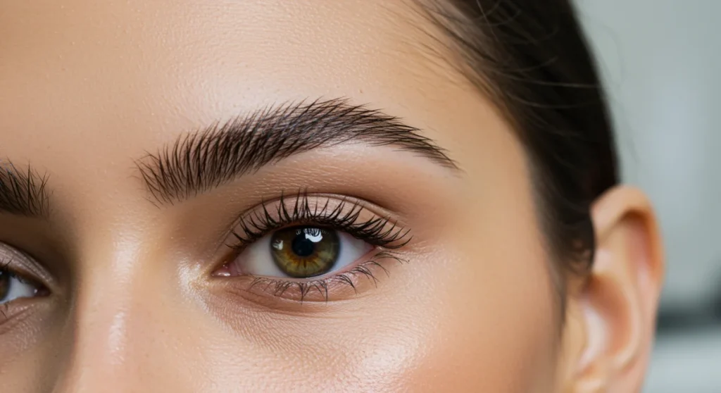 Model with perfectly shaped and defined eyebrows, illustrating current beauty trends.