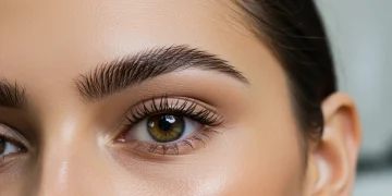 Model with perfectly shaped and defined eyebrows, illustrating current beauty trends.