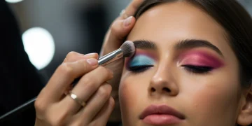 Professional makeup artist demonstrating advanced eyeshadow blending techniques on an eye.