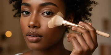 Model demonstrating professional foundation application with a brush