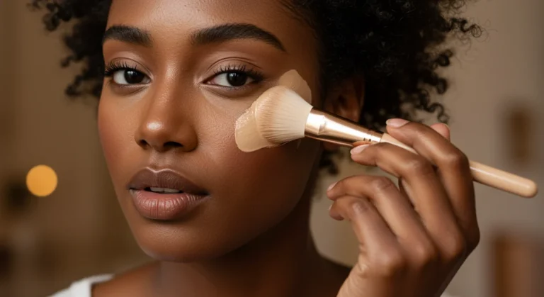 Model demonstrating professional foundation application with a brush