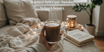 Woman peacefully enjoying a restorative self-care Sunday with a book and hot drink