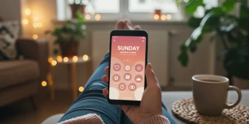 Person using a self-care Sunday app on a smartphone in a relaxed setting.