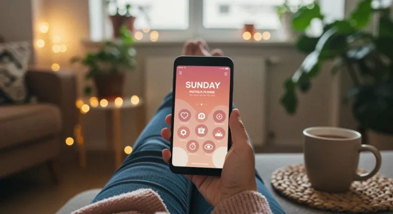 Person using a self-care Sunday app on a smartphone in a relaxed setting.