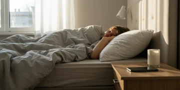 Serene bedroom with a sleeping person and a turned-off smartphone, symbolizing digital detox for better sleep