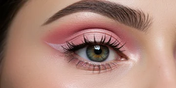 Model with fresh spring eye makeup, pastel eyeshadow, and winged liner
