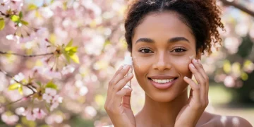 Woman with glowing skin applying serum amidst spring flowers, symbolizing a fresh skincare routine for the season.
