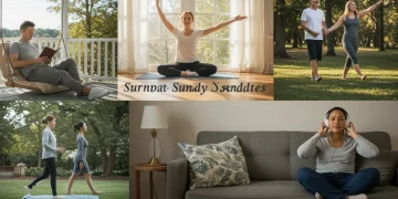 Diverse US adults relaxing on a Sunday, reading, doing yoga, walking, and listening to music, symbolizing stress reduction.