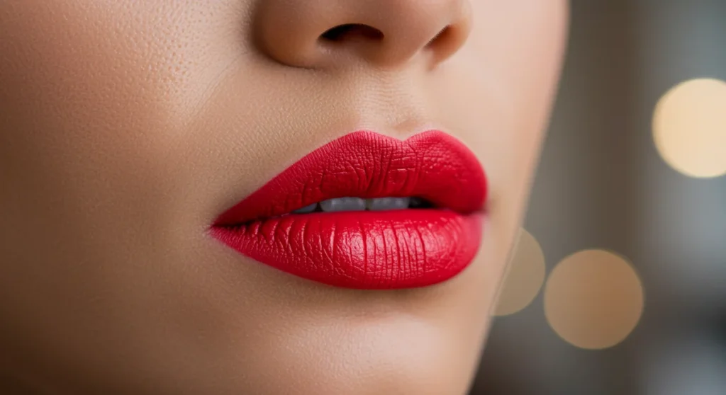 Woman with vibrant red long-lasting lipstick, perfectly applied