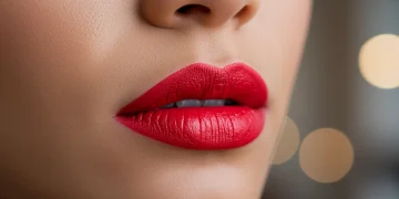 Woman with vibrant red long-lasting lipstick, perfectly applied