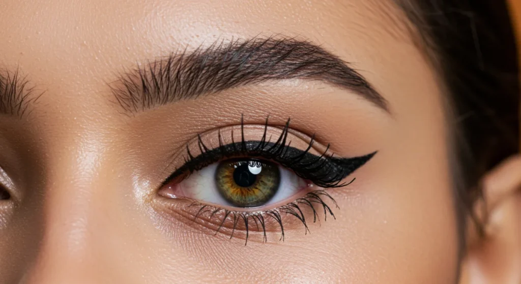 Model with sharp black winged eyeliner for Fall 2026