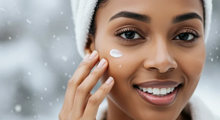 Woman applying rich moisturizer to her hydrated face in winter